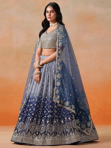 Attractive Navy Blue Embroidered Reception Wear Lehenga Choli - Ethnic Plus In
